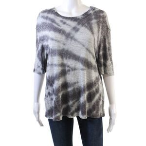 R+A Womens Crew Neck Metallic Weave Short Sleeve Tie Dye Shirt Gray Size M
